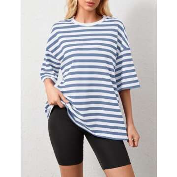 Anoumcy Cotton Striped Oversized Tshirts for Women Color Block T-Shirts Short Sleeve Summer Tee Shirt Loose Blue L