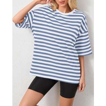 Anoumcy Cotton Striped Oversized Tshirts for Women Color Block T-Shirts Short Sleeve Summer Tee Shirt Loose Blue L