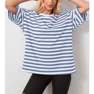 Anoumcy Cotton Striped Oversized Tshirts for Women Color Block T-Shirts Short Sleeve Summer Tee Shirt Loose Blue L