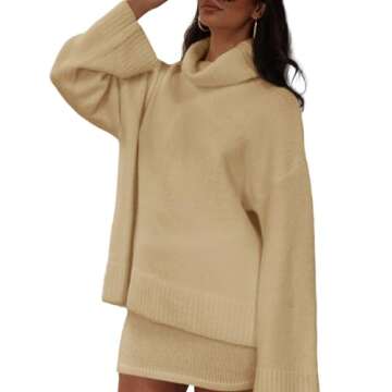 Langwyqu Womens Sweater Sets Turtleneck Oversized Sweaters and Mini Skirts 2 Piece Outfits Fall Tren...