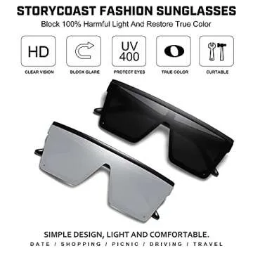 STORYCOAST Oversized Square Sunglasses for Women Men Fashion Siamese Lens Style Flat Top Shield Shades Matte Black-Gray+Bright Black-Silver 2Pack