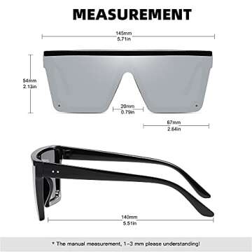 STORYCOAST Oversized Square Sunglasses for Women Men Fashion Siamese Lens Style Flat Top Shield Shades Matte Black-Gray+Bright Black-Silver 2Pack