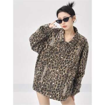 Women's Denim Jacket Retro Leopard Print Ripped Button top Women's Lapel Long Sleeved Leopard Print ...