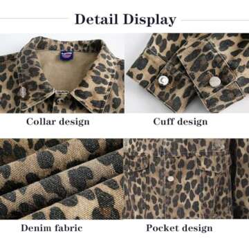 Women's Denim Jacket Retro Leopard Print Ripped Button top Women's Lapel Long Sleeved Leopard Print Jacket (Leopard Print,3XL)