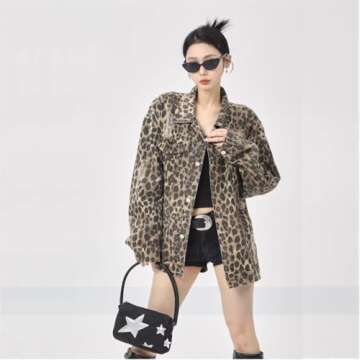 Women's Denim Jacket Retro Leopard Print Ripped Button top Women's Lapel Long Sleeved Leopard Print Jacket (Leopard Print,3XL)