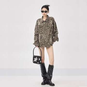 Women's Denim Jacket Retro Leopard Print Ripped Button top Women's Lapel Long Sleeved Leopard Print Jacket (Leopard Print,3XL)