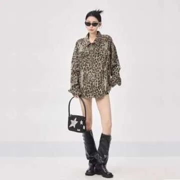 Women's Denim Jacket Retro Leopard Print Ripped Button top Women's Lapel Long Sleeved Leopard Print Jacket (Leopard Print,3XL)