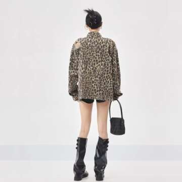 Women's Denim Jacket Retro Leopard Print Ripped Button top Women's Lapel Long Sleeved Leopard Print Jacket (Leopard Print,3XL)