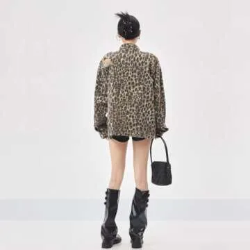 Women's Denim Jacket Retro Leopard Print Ripped Button top Women's Lapel Long Sleeved Leopard Print Jacket (Leopard Print,3XL)