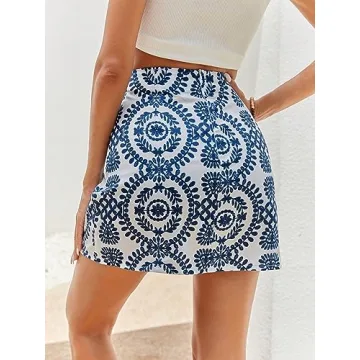 Milumia Women's Allover Print Wrap Short Skirt High Waisted Knot Side Boho Mini Skirts Blue and White Large