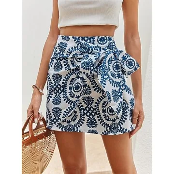 Milumia Women's Allover Print Wrap Short Skirt High Waisted Knot Side Boho Mini Skirts Blue and White Large