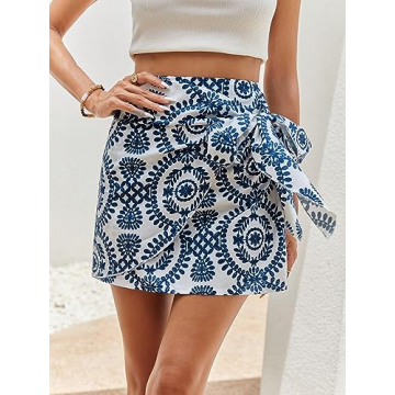 Milumia Women's Allover Print Wrap Short Skirt High Waisted Knot Side Boho Mini Skirts Blue and White Large