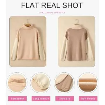 Dokotoo Womens Turtleneck Sweaters Casual Long Sleeve Color Block Side Slit Pullover Knit Jumper Tops