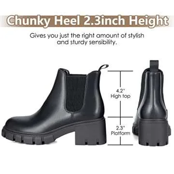 Athlefit Women's Chelsea Boots Fashion Lug Sole Chunky Heel Slip on Elastic Ankle Black Booties Size 9