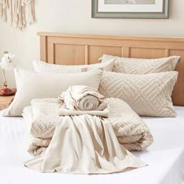 Zzlpp King Comforter Set 7 Pieces, Beige Tufted Bed in a Bag with Comforter and Sheets, All Season Boho Bedding Sets with 1 Comforter, 2 Pillow Shams, 2 Pillowcases, 1 Flat Sheet, 1 Fitted Sheet