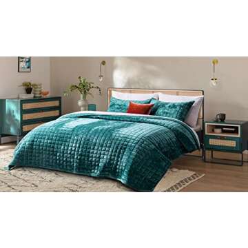 RECYCO Luxury Velvet Quilt Set Full Queen Size, Lightweight Velvet Comforter Set, Oversized Bedspread Coverlet Quilted Bedding Set, with 2 Matching Pillow Shams, for All Season, Teal