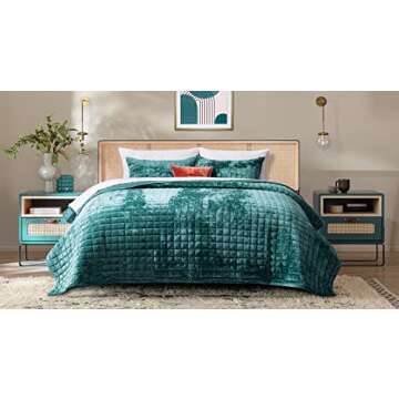 RECYCO Luxury Velvet Quilt Set Full Queen Size, Lightweight Velvet Comforter Set, Oversized Bedspread Coverlet Quilted Bedding Set, with 2 Matching Pillow Shams, for All Season, Teal