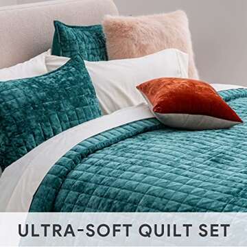 RECYCO Luxury Velvet Quilt Set Full Queen Size, Lightweight Velvet Comforter Set, Oversized Bedspread Coverlet Quilted Bedding Set, with 2 Matching Pillow Shams, for All Season, Teal