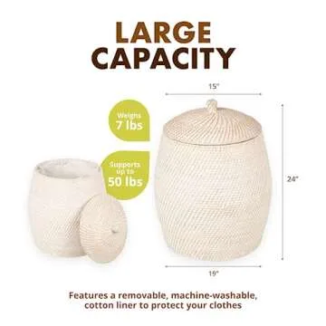 KOUBOO Laguna Rattan Beehive Hamper, Removable Cotton Liner, Laundry Hamper, Bathroom, Bedroom, Kids Room, Nursery, Hamper with Lid, Home Essentials, White Wash