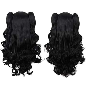 MapofBeauty 28"/70cm Lolita Long Curly Clip on Ponytails Cosplay Wig (Jet Black)