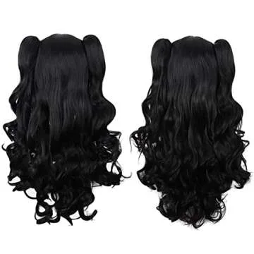 MapofBeauty 28"/70cm Lolita Long Curly Clip on Ponytails Cosplay Wig (Jet Black)