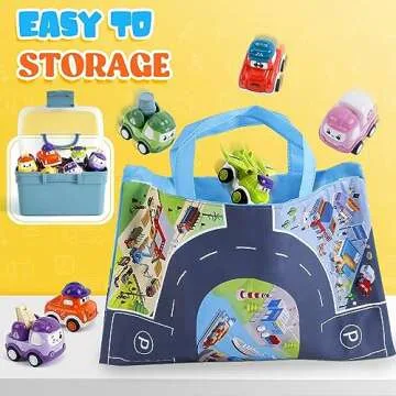 Kiddiworld Mini Car Toys for 1 Year Old Boy Gifts, 12 Sets Pull-Back Trucks with Playmat/Storage Box for Toddlers Age 1-2, Baby Toys 12-18 Months, 1st Christmas Birthday Gifts for One Year Olds