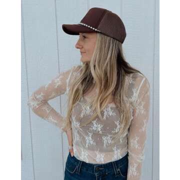 ROJZR Womens Mesh Long Sleeve Tops Mock Neck Sheer Lace Floral See Through Shirts Blouse(Apricot-XL)