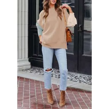 HAPCOPE Women's 2023 Fall Casual Crewneck Colorblock Oversized Pullover Sweaters Side Slit Ribbed Knit Tunic Tops Khaki S