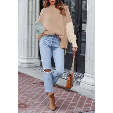 HAPCOPE Women's 2023 Fall Casual Crewneck Colorblock Oversized Pullover Sweaters Side Slit Ribbed Knit Tunic Tops Khaki S