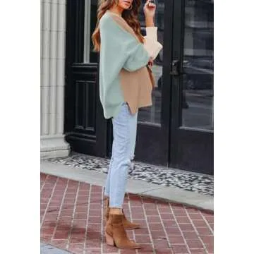 HAPCOPE Women's 2023 Fall Casual Crewneck Colorblock Oversized Pullover Sweaters Side Slit Ribbed Knit Tunic Tops Khaki S