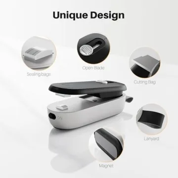 ODSD Bag Sealer, 2 in 1 Mini Bag Sealer Heat Seal and Cutter with Lanyard, Portable Handheld Chip Bag Sealer Heat Sealer for Snacks Candies Plastic Bag Food Storage (Batteries Included)