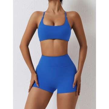 ABOCIW Sports Bras for Women Strappy Criss Cross Back Backless Yoga Bra Scrunch Butt liftings High Waist Biker Shorts 2 Piece Workout Sets Bra + Shorts Blue Small