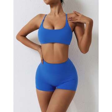 ABOCIW Sports Bras for Women Strappy Criss Cross Back Backless Yoga Bra Scrunch Butt liftings High Waist Biker Shorts 2 Piece Workout Sets Bra + Shorts Blue Small