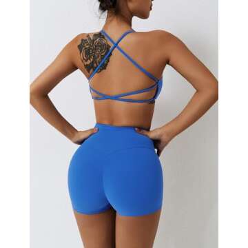 ABOCIW Sports Bras for Women Strappy Criss Cross Back Backless Yoga Bra Scrunch Butt liftings High Waist Biker Shorts 2 Piece Workout Sets Bra + Shorts Blue Small