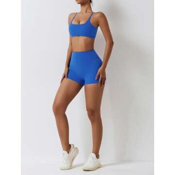 ABOCIW Sports Bras for Women Strappy Criss Cross Back Backless Yoga Bra Scrunch Butt liftings High Waist Biker Shorts 2 Piece Workout Sets Bra + Shorts Blue Small
