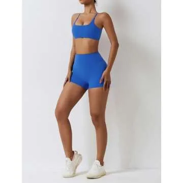 ABOCIW Sports Bras for Women Strappy Criss Cross Back Backless Yoga Bra Scrunch Butt liftings High Waist Biker Shorts 2 Piece Workout Sets Bra + Shorts Blue Small