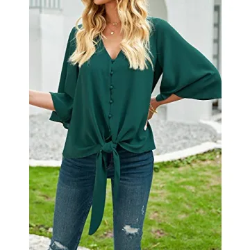 Luvamia Women's V Neck Tops 3/4 Sleeve Blouses in Green