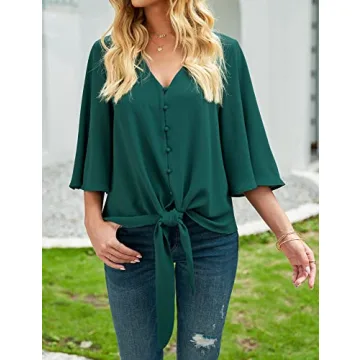 Luvamia Women's V Neck Tops 3/4 Sleeve Blouses in Green