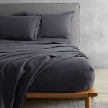 DAPU Pure Linen Sheets Set, 100% French Linen from Normandy, Breathable and Durable for Hot Sleepers, 4 Pcs Set - 1 Flat Sheet, 1 Fitted Sheet, 2 Pillowcases (Dark Gray, Queen)