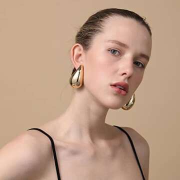Ascona Extra Large Big Chunky Gold Hoop Earrings for Women, Lightweight Gold Plated Tear Drop Earrings Fashion Trendy Jewelry (gold)