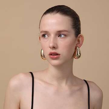 Ascona Extra Large Big Chunky Gold Hoop Earrings for Women, Lightweight Gold Plated Tear Drop Earrings Fashion Trendy Jewelry (gold)