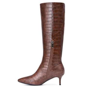Choiran Brown Knee High Boots for Women - Pointed Toe Sexy Stiletto Heel Boots with Side Zipper, Fashion High Crocodile Boot for Ladies, Elegant Long Boots for Fall Spring Tall Boots US 8