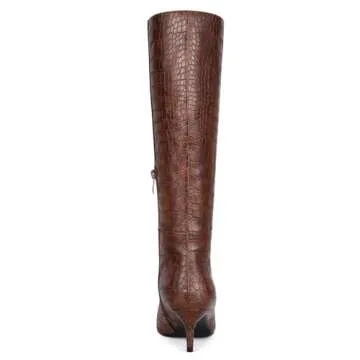 Choiran Brown Knee High Boots for Women - Pointed Toe Sexy Stiletto Heel Boots with Side Zipper, Fashion High Crocodile Boot for Ladies, Elegant Long Boots for Fall Spring Tall Boots US 8