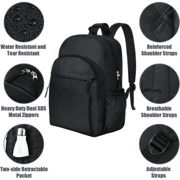 Versatile Water-Resistant Black Backpack for School