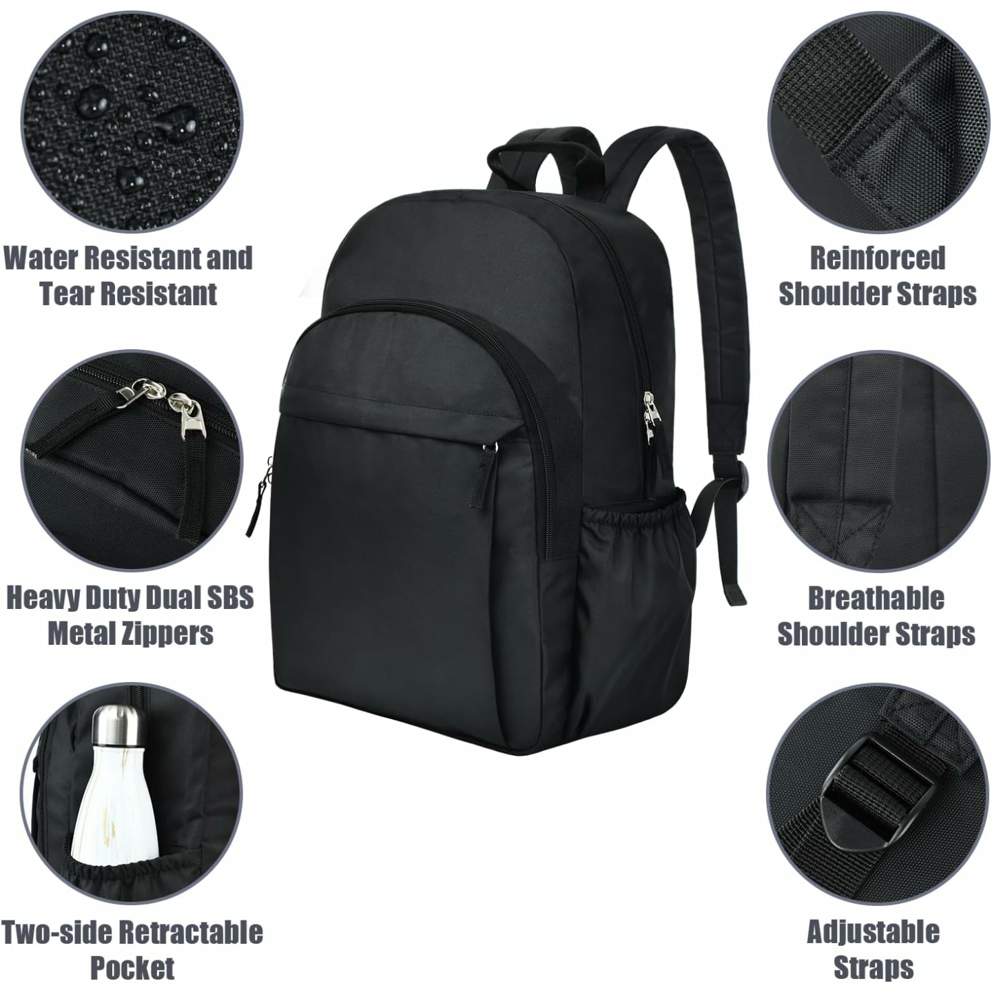 Versatile Water-Resistant Black Backpack for School