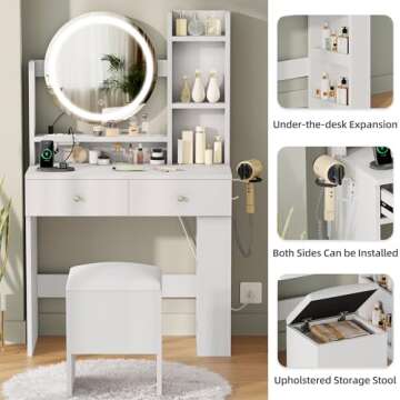 DWVO Vanity Desk with Stylish Round Mirror & 3 Lighting Colors, Ample Storage for Makeup Essentials