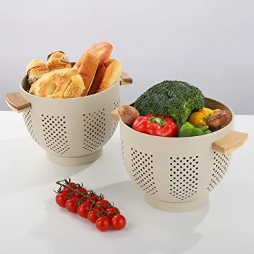 Durable Metal Colander with Wooden Handles - 5.5 Quart