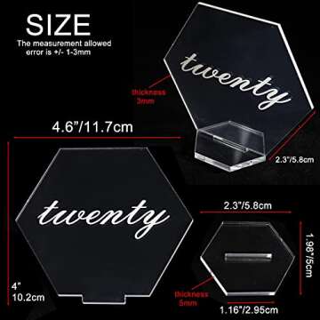 HighFree Hexagon Acrylic Table Numbers 1-20 with Stand - Printed Calligraphy Place Cards, Clear Acrylic Table Numbers for Wedding Reception, 4x4.5 inch, Set of 21