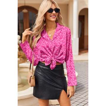 Ekouaer Womens Satin Pajama Sets Long Sleeve Top and Shorts Lounge Set Button Down Sleepwear Leopard Hot Pink S