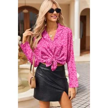 Ekouaer Womens Satin Pajama Sets Long Sleeve Top and Shorts Lounge Set Button Down Sleepwear Leopard Hot Pink S